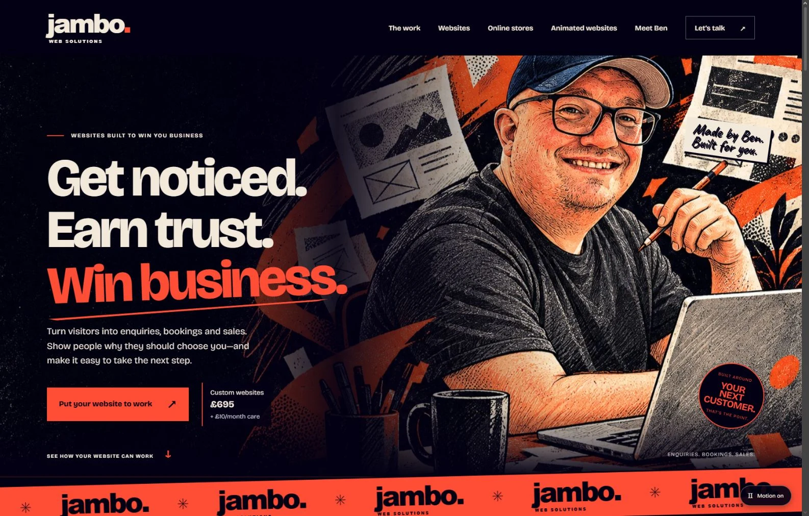 The new Jambo website with its illustrated workshop, orange headline and dark blue background