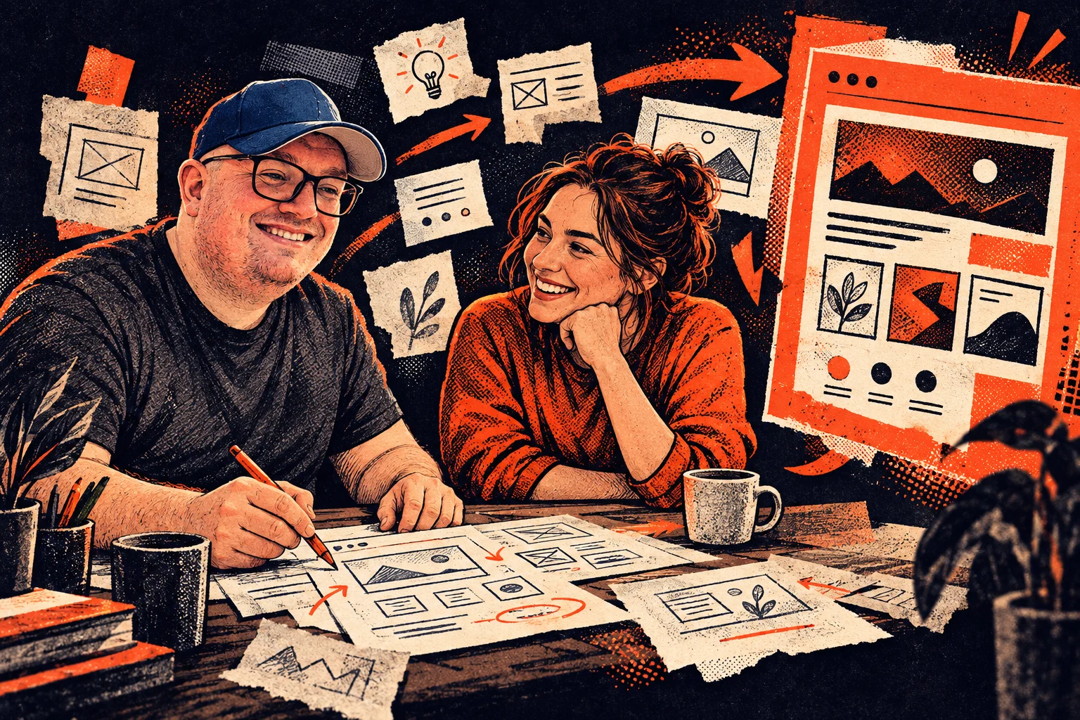 An illustrated scene of Ben and a business owner developing a website together